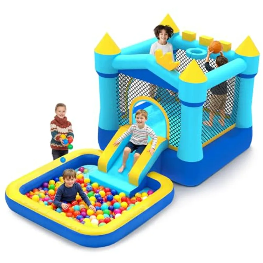 Inflatable Bounce House with Pool Slide for Ages 3-8, Heavy-Duty 840D Oxford Fabric, Blue, Includes 350W Blower, 8 Stakes, Repa