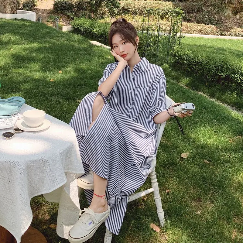 

DAYIFUN-Woman's Striped Long Dress,Lapel Single Breasted Female's A-line Dresses,Short Sleeved Loose Casual Women's Clothing