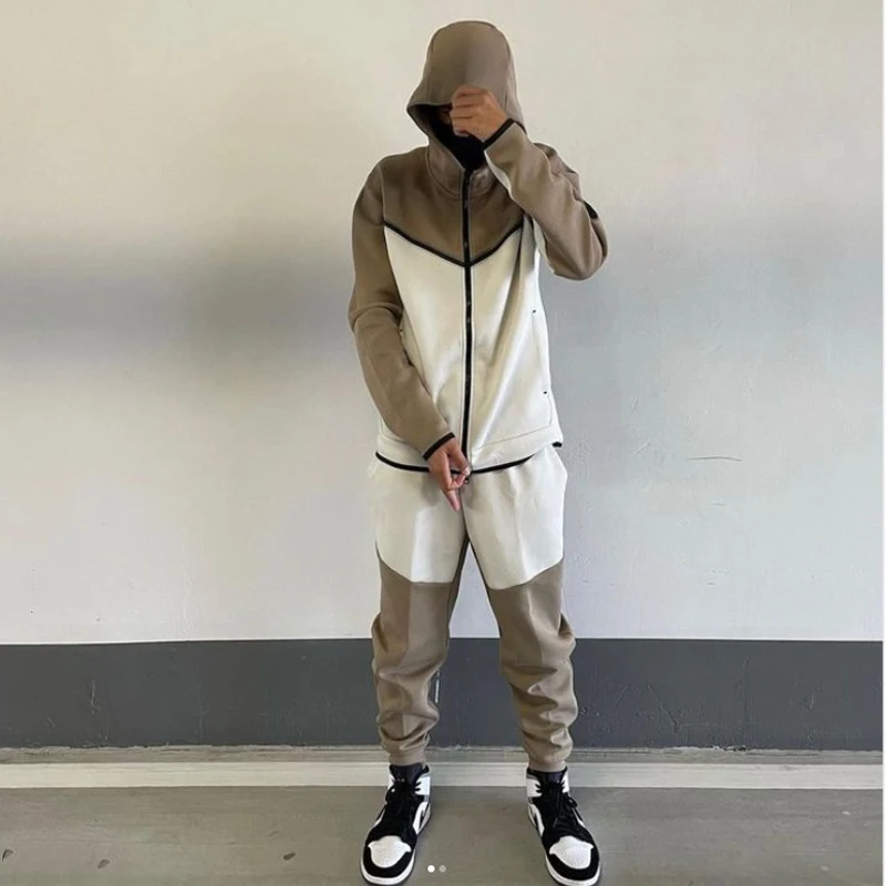 Fashion Solid Color Slim Two Piece Sets Men Fall Winter Casual Long Sleeve Zipper Hooded Sweatshirt And Pants Suits Mens Outfits