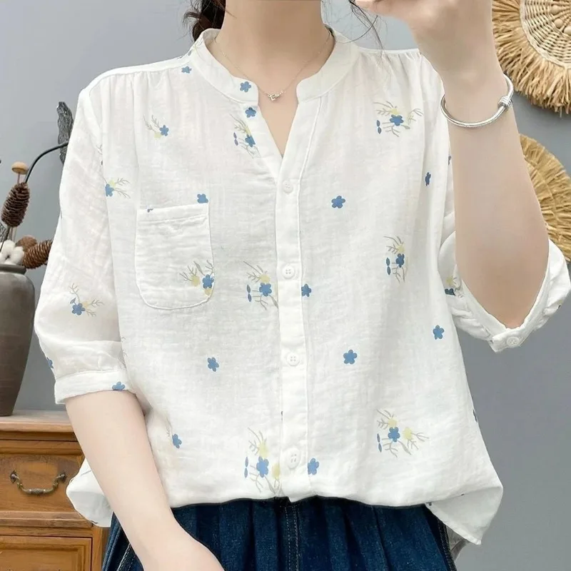

Women's Floral Print Cotton Gauze Blouse Stand Collar Loose Short Sleeve Shirt