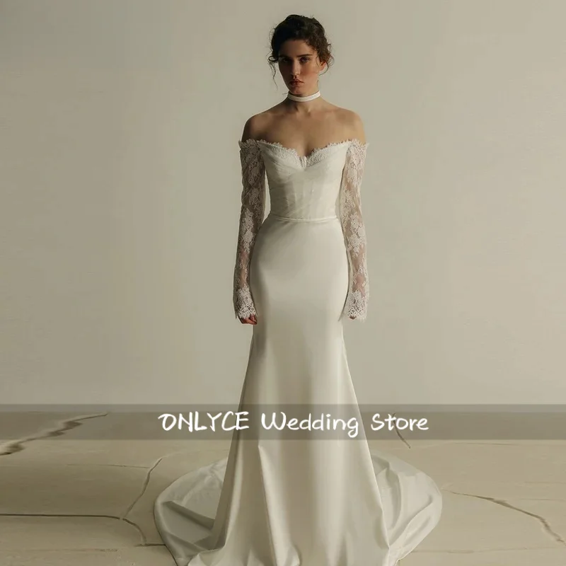 

Mermaid Satin Wedding Dresses Off Shoulder Lace Sleeves Bridal Dress Long Bride Gown vestidos de novia Customized