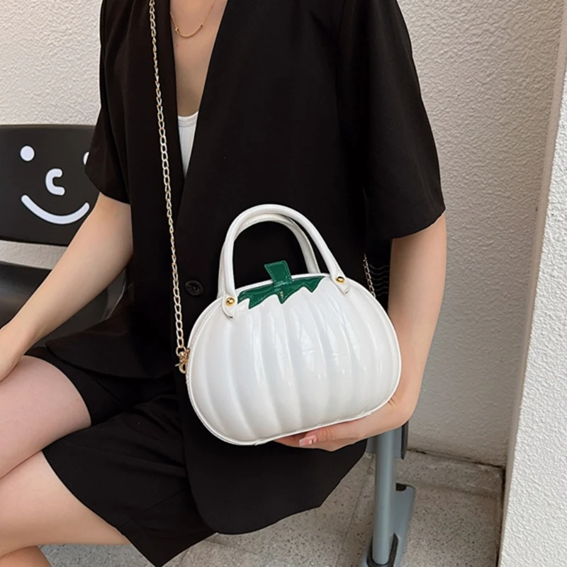 Stylish Halloween Pumpkin Crossbody Bag Women Solid Color PU Leather Chain Shoulder Bag Female Casual Shopping Dating Handbag