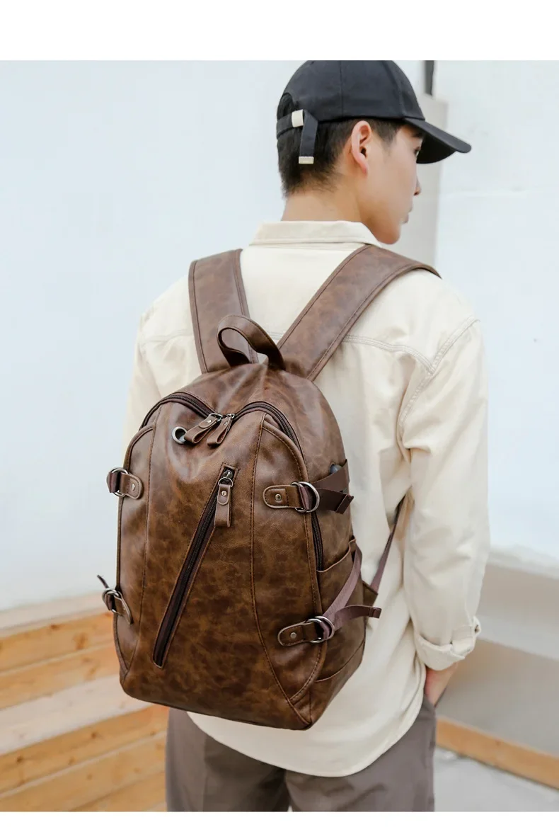 soft PU leather vintage casual backpack for men large capacity travel backpacks male laptop shoulder bag waterproof work mochila