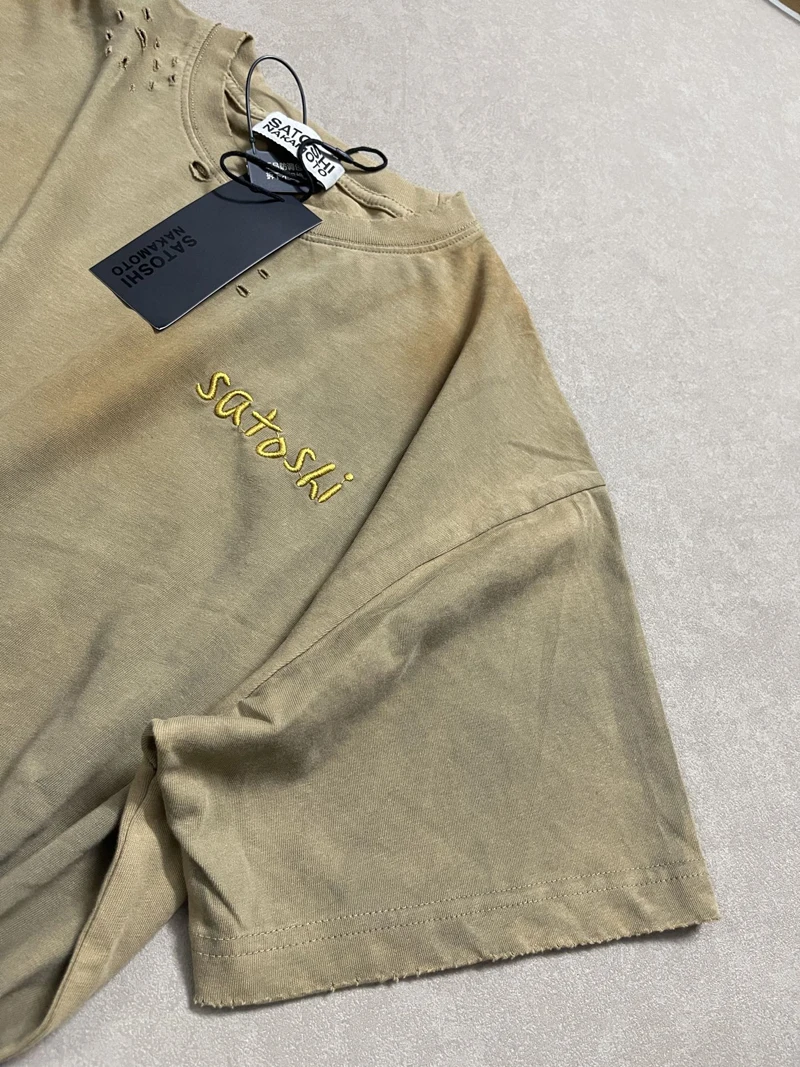 Vintage Distressed Washed Worn Oversized SATOSHI Tshirts Heavy Industry Embroidered Letter Short Sleeve Men Women Streetwear