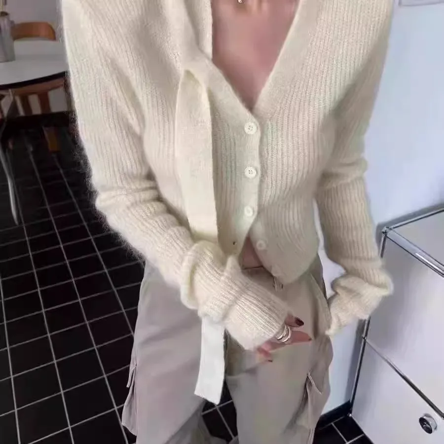 سترة نسائية محبوكة من الكشمير برقبة على شكل حرف V، سترة صوف قصيرة للخريف والشتاء، معطف بطبقة أساسية #1