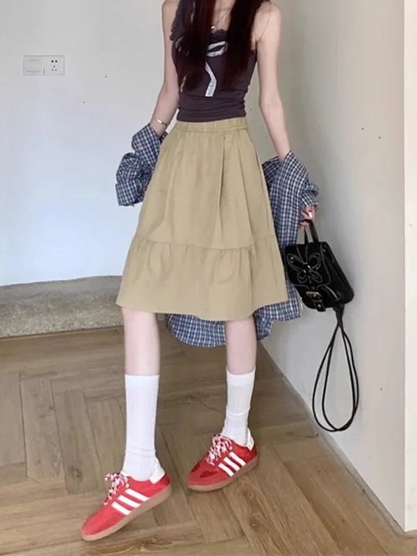 Kaki A-lijn rok Pure kleur ket Design College Sle Lente nieuwe collectie Casual studentenvriendelijke rok met hoge taille
