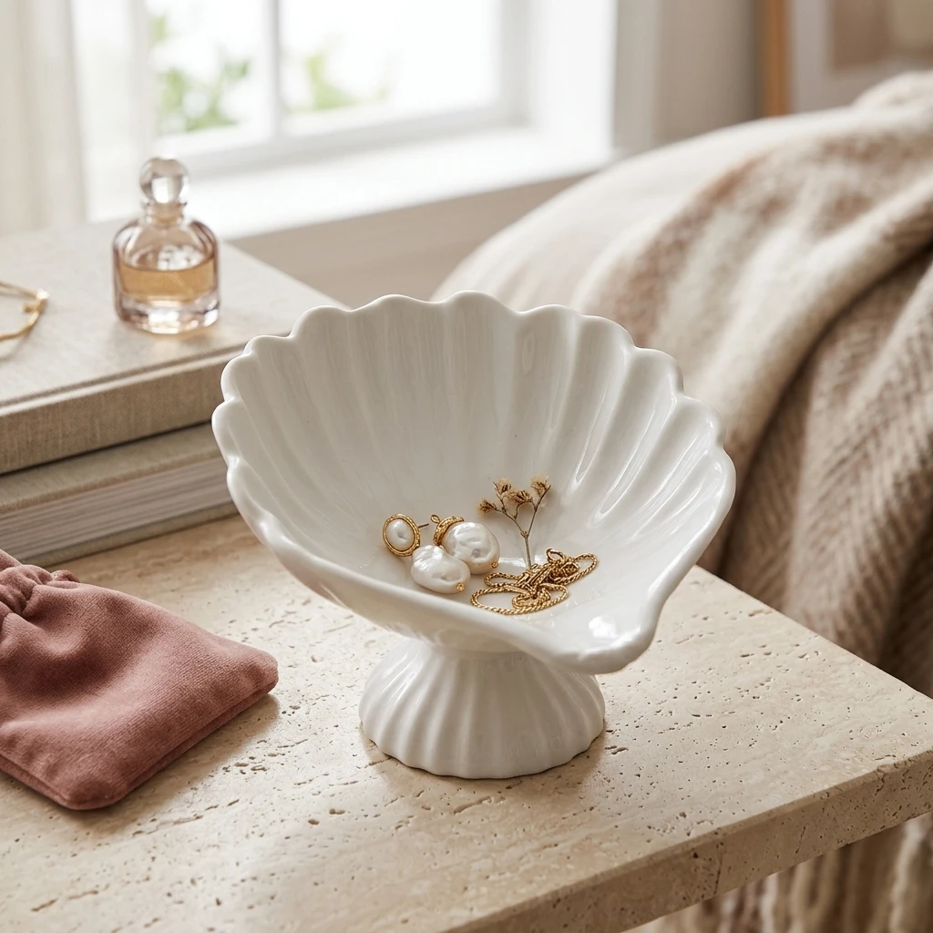 Ring Dish Shell-Shaped Ceramic Jewelry Dish Tray Decorative Trinket Dish for Organizing Rings, Earrings, Necklaces Keys Gift