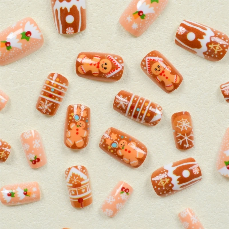 Cartoon Gingerbreads Man False Nails Christmas Press On Nails Chocolate House Full Cover on Nails Artificial Nails