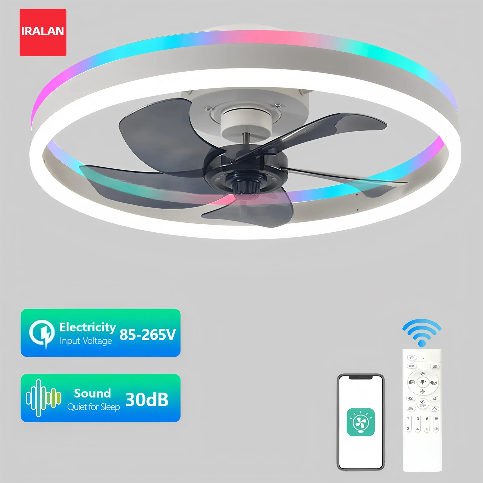 

RGB Ceiling Fan with Light Black Flush Mount LED Fan Remote Control Modern Low Profile Fan Lamp for Bedroom Living Room Kitchen