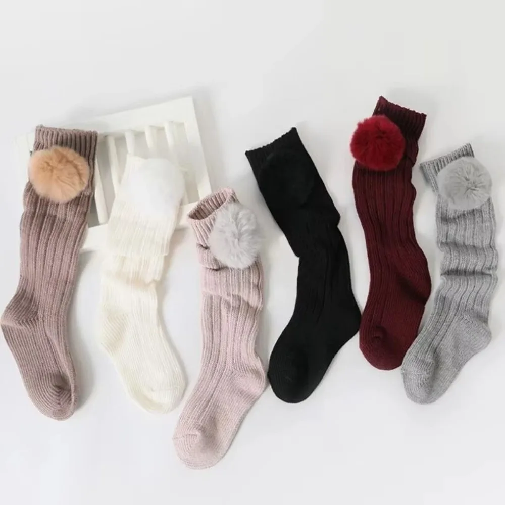 Soft Thick Knee High Socks Solid Color Fuzzy Pom Pom Cotton Knit Socks Decorative Knit Texture Stacking Socks Casual Wear
