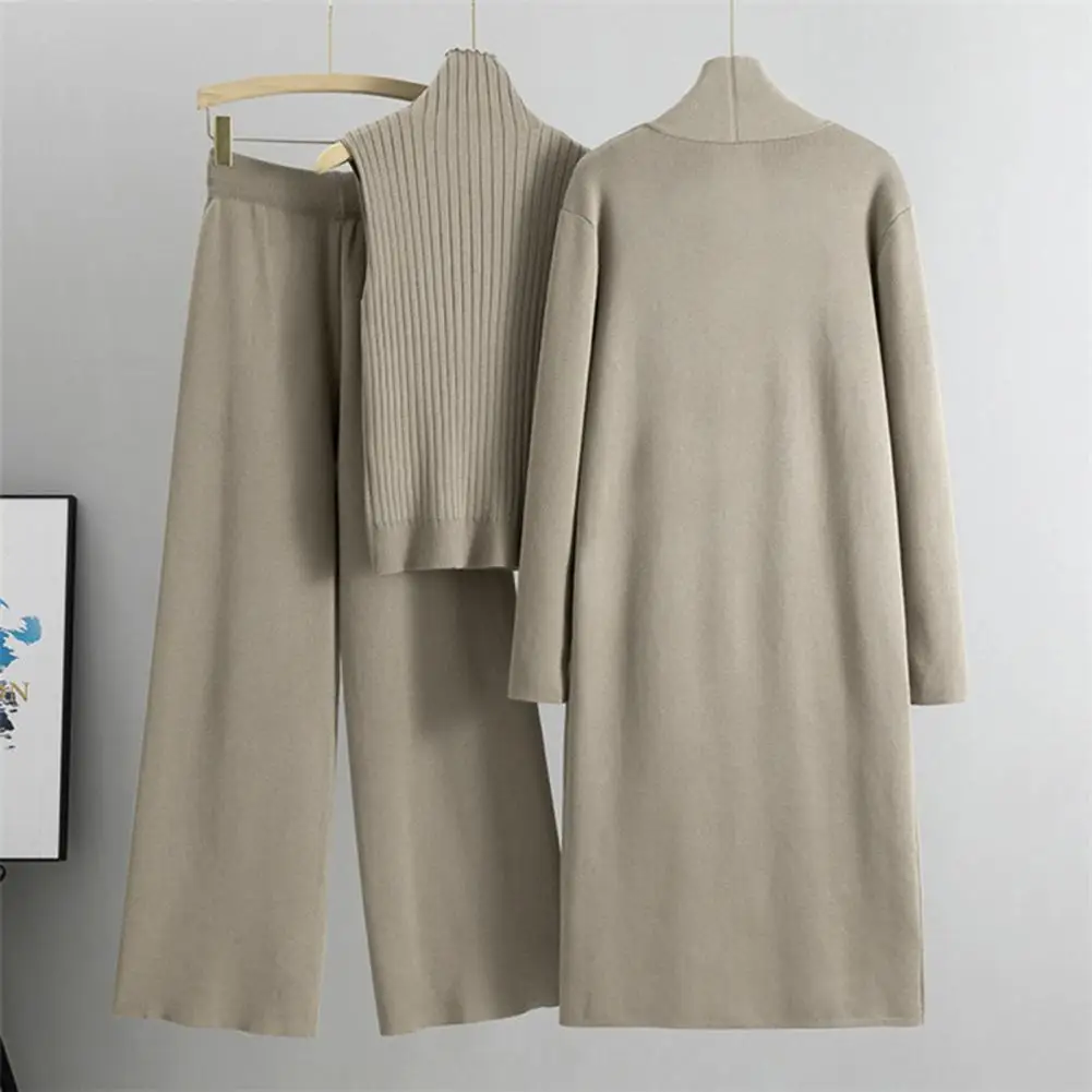 Turtle Neck Sleeveless Topt Set Knitted Women\'s 3-piece Set Sleeveless Top Cardigan Coat Wide Leg Trousers Fall/winter Fashion