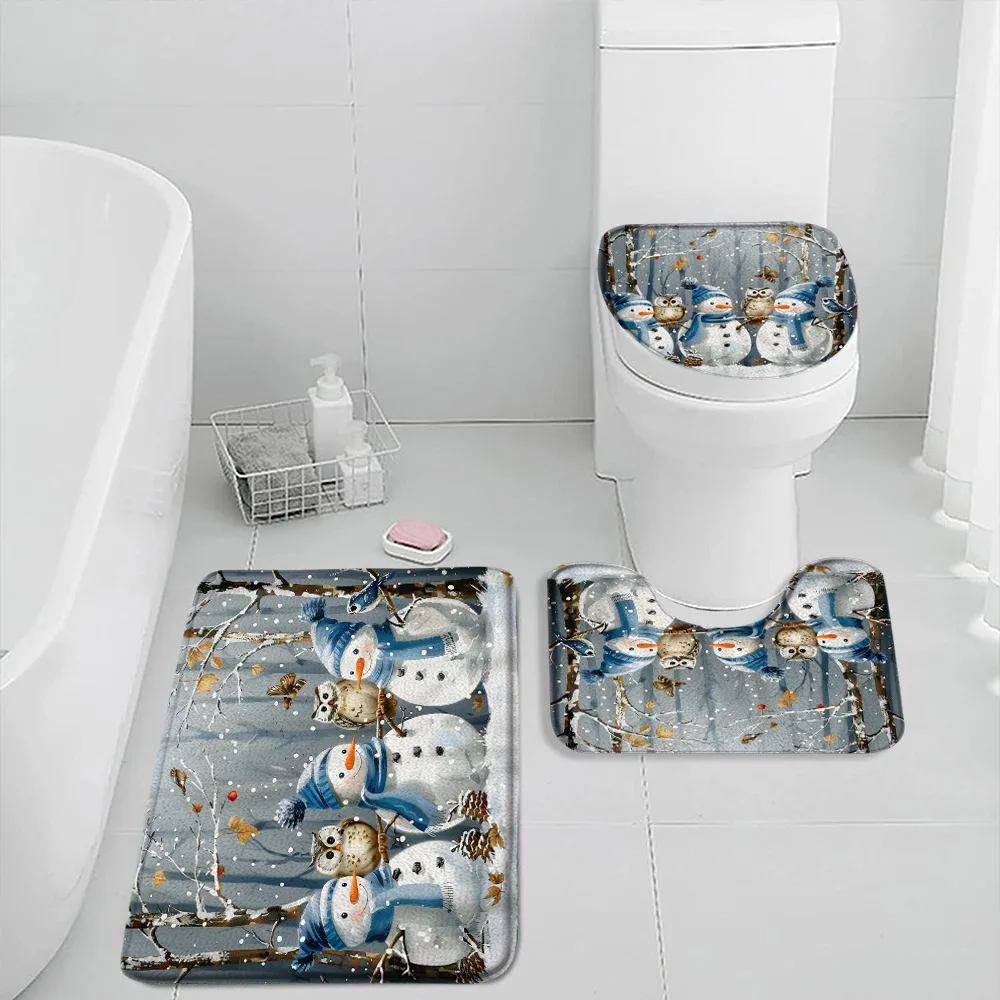 Christmas Snowman Bath Mat Set Winter Holiday Snow Forest Pine Tree Xmas Gifts Bath Decor Flannel Home Carpet Toilet Lid Cover