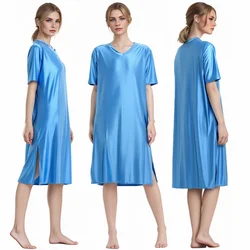 MJINM Women Silky Oil Smooth Long Dresses V-Neck Short Sleeve Comfortable Beach Casual Glossy Loose Housewear Pajamas Nightdress