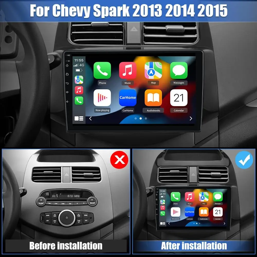 Android 13 Autoradio für Chevy Spark 2013–2015, 9 Zoll Touchscreen mit CarPlay/Android Auto, GPS, WLAN, Bluetooth, FM RDS, AM, DSP