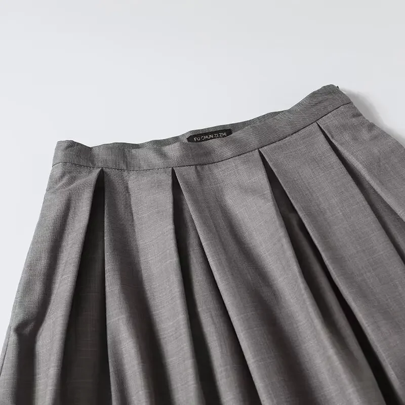 TRAF Gray Pleated Skirt Women Autumn Winter Midi Skirt New High Waist Long Skirt for Women Clothing Streetwear