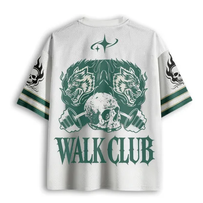 Skull Wolf Fitness Mesh Jersey, WALK CLUB Letter Print V Neck Casual Top