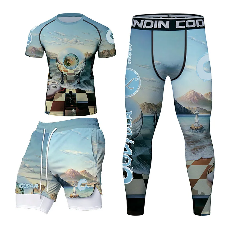 Men's 4Pcs MMA BJJ Compression Set Chessboard Mountain Sea Print Short & Long Sleeve Rash Guard Shorts Leggings