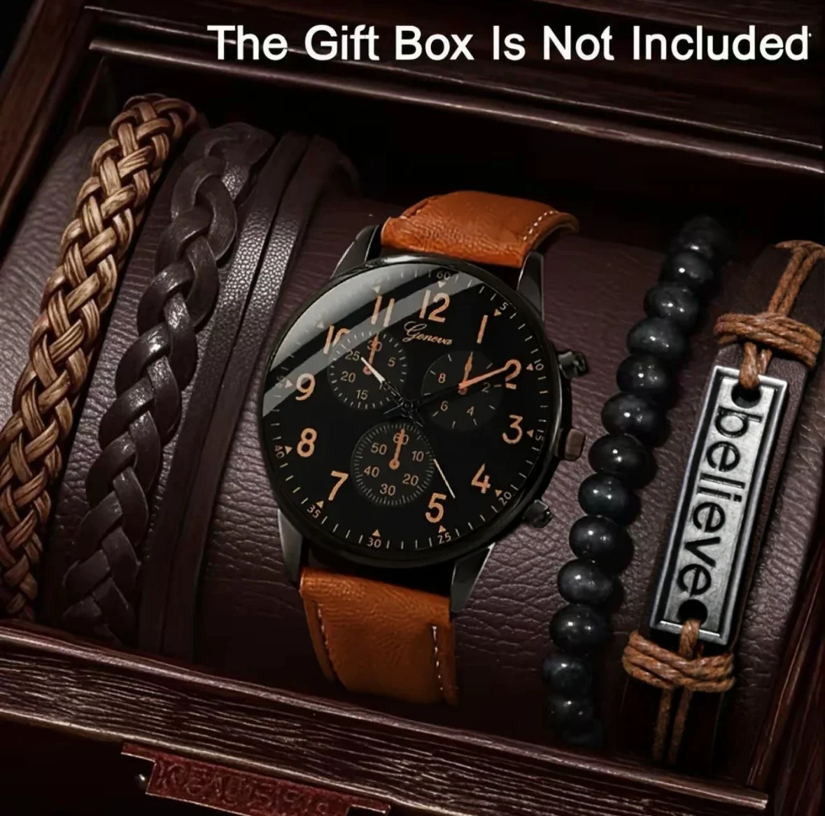 5pc Men's Set: 1pc Men's Watch+4pc Fashion Accessories, Handsome Dial, Texture Strap, Great Choice for Daily Wearing