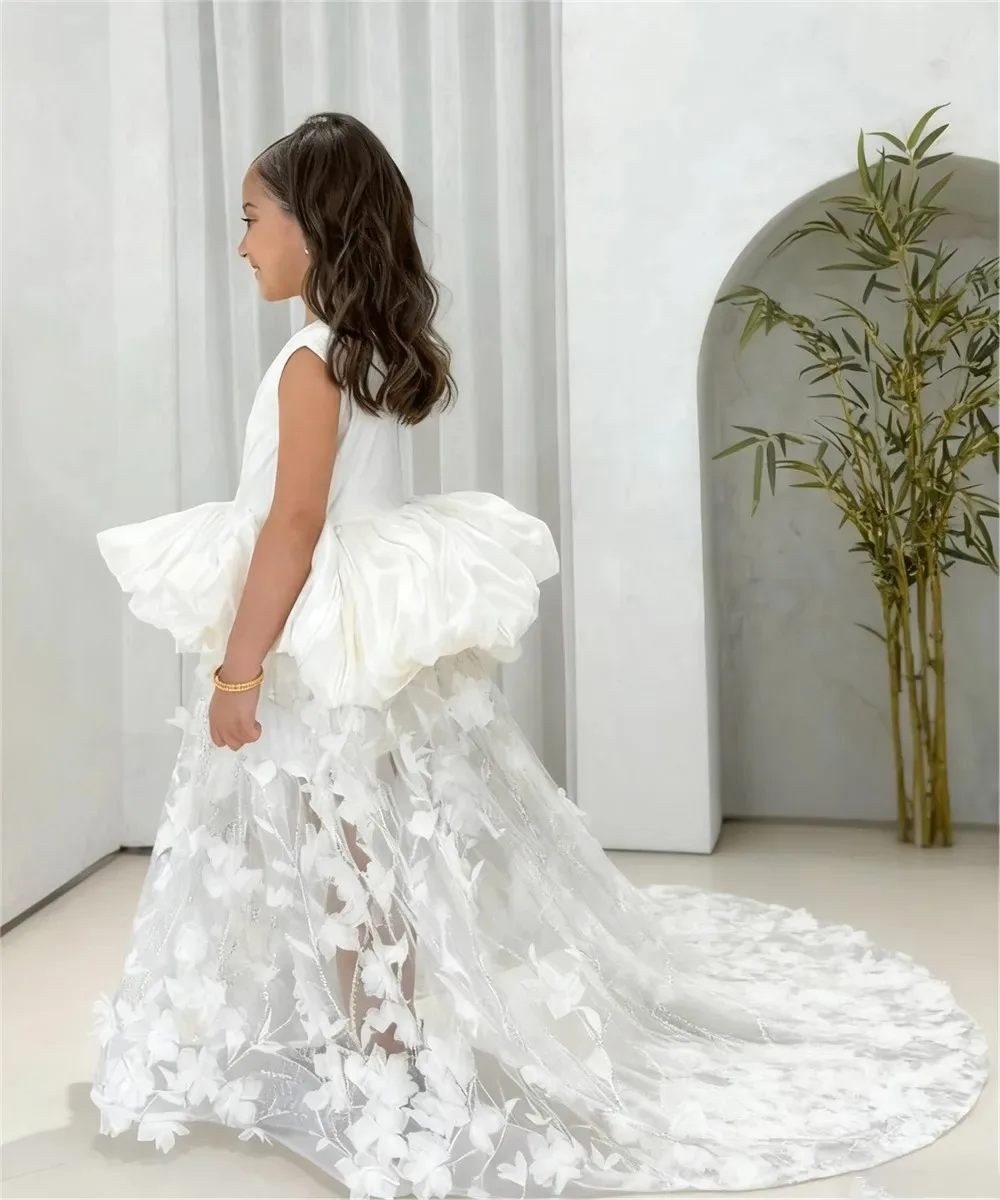

Customized White Flower Girl Dresses for Wedding with Floral One Shoulder Princess Baby Birthday Party First Communion Gowns