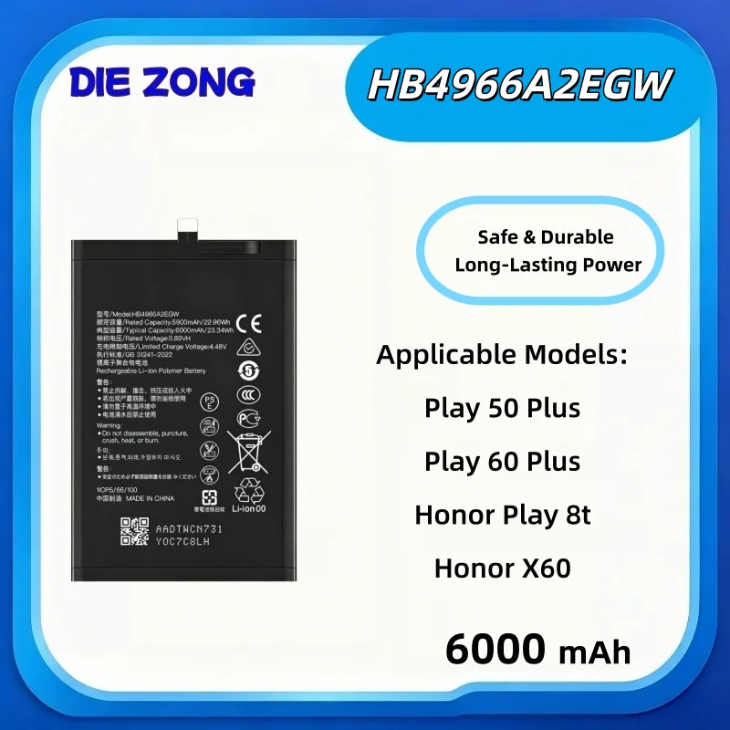 6000mAh Large Capacity HB4966A2EGW Is Suitable for Huawei Honor Play 8t/X60 Play 50plus Mobile Phone Battery High‑Performance