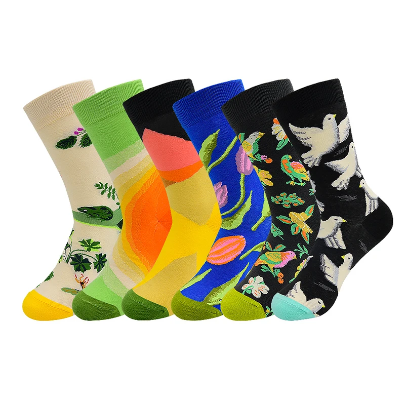 6 Pairs/Pack Men Unisex Creative Cartoon Socks Flower Bird Frog Print Cotton Breathable Casual Skateboard Funny Business Socks