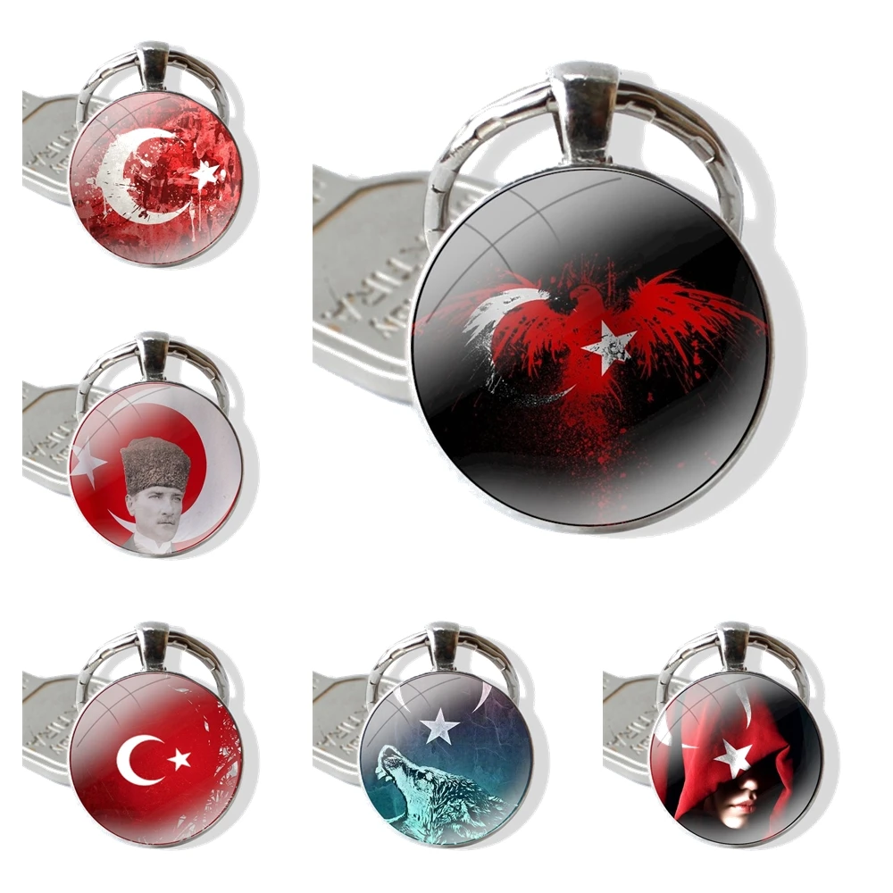 turkey turkish flag Keychain Handmade Glass Cabochon Key Ring Holder Pendant Key Chains