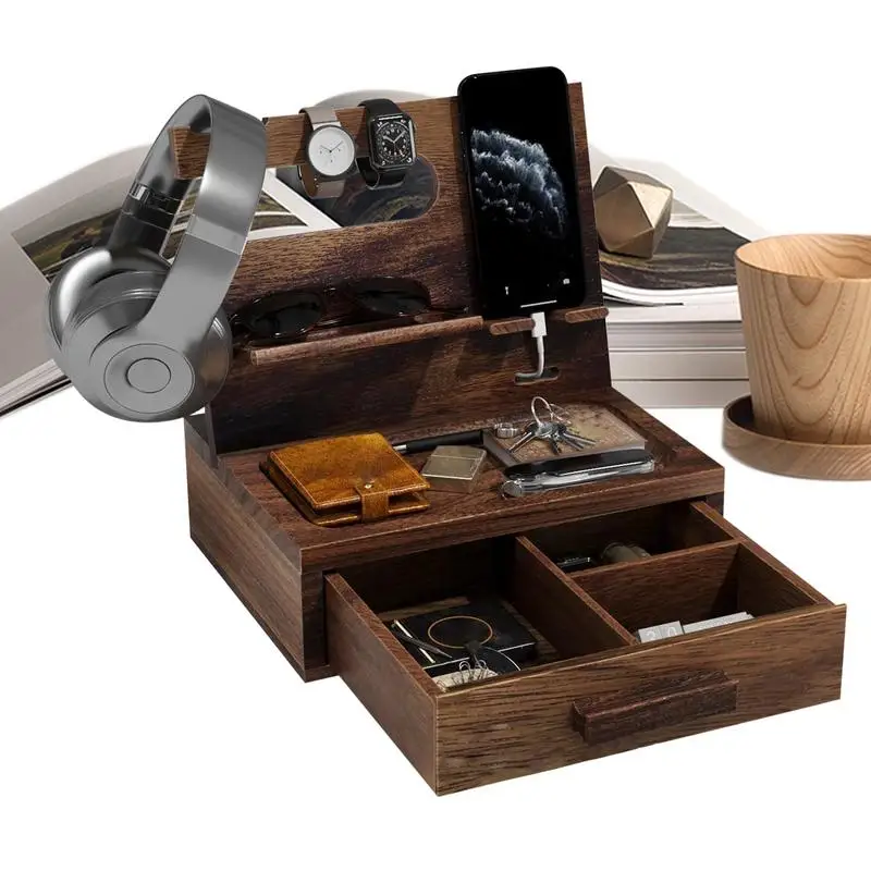 

Night Stand Organizer Wood Phone Docking Station Desk Nightstand Organizer For Husband Dad For Key Holder Stand Wallet Watch