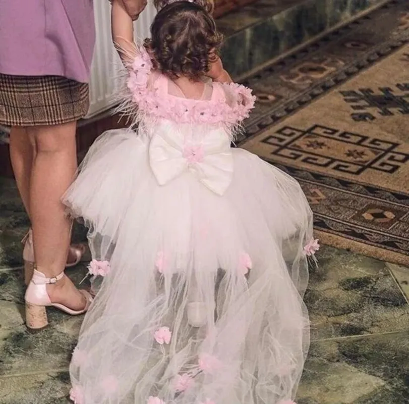 Robes de demoiselle d'honneur, style haut-bas, robe de princesse avec longue traîne, robe de fête d'anniversaire pour enfant, robe bouffante florale en tulle