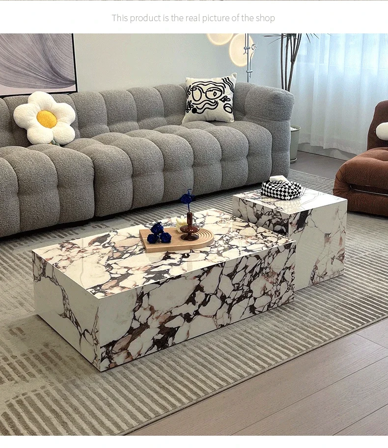 Mild Luxury Marble Coffee Table Living Room Home Rectangular Solid Wood Modern Combination Side Table Imitation Luxury Stone