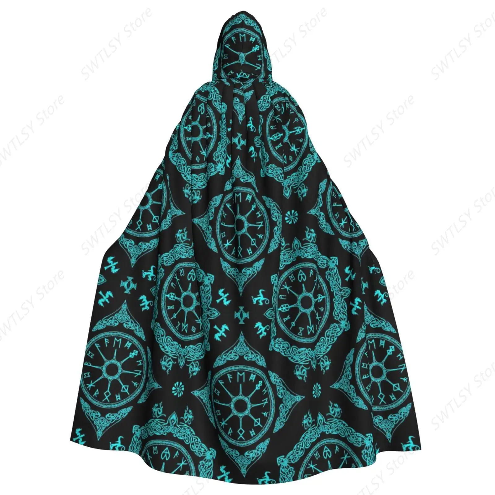 Halloween  Rune Compass Ancient Costumes Cosplay Women Men Hooded Party Cloak Dress Witch Cape