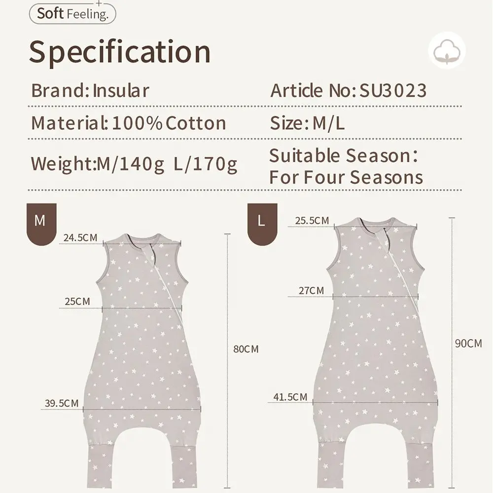 كيس نوم ناعم للأطفال من INSULAR مع أقدام أكياس نوم بدون أكمام للرضع ملابس منزلية للأطفال من القطن الفاخر بسحاب ثنائي الاتجاه 4 مواسم #6