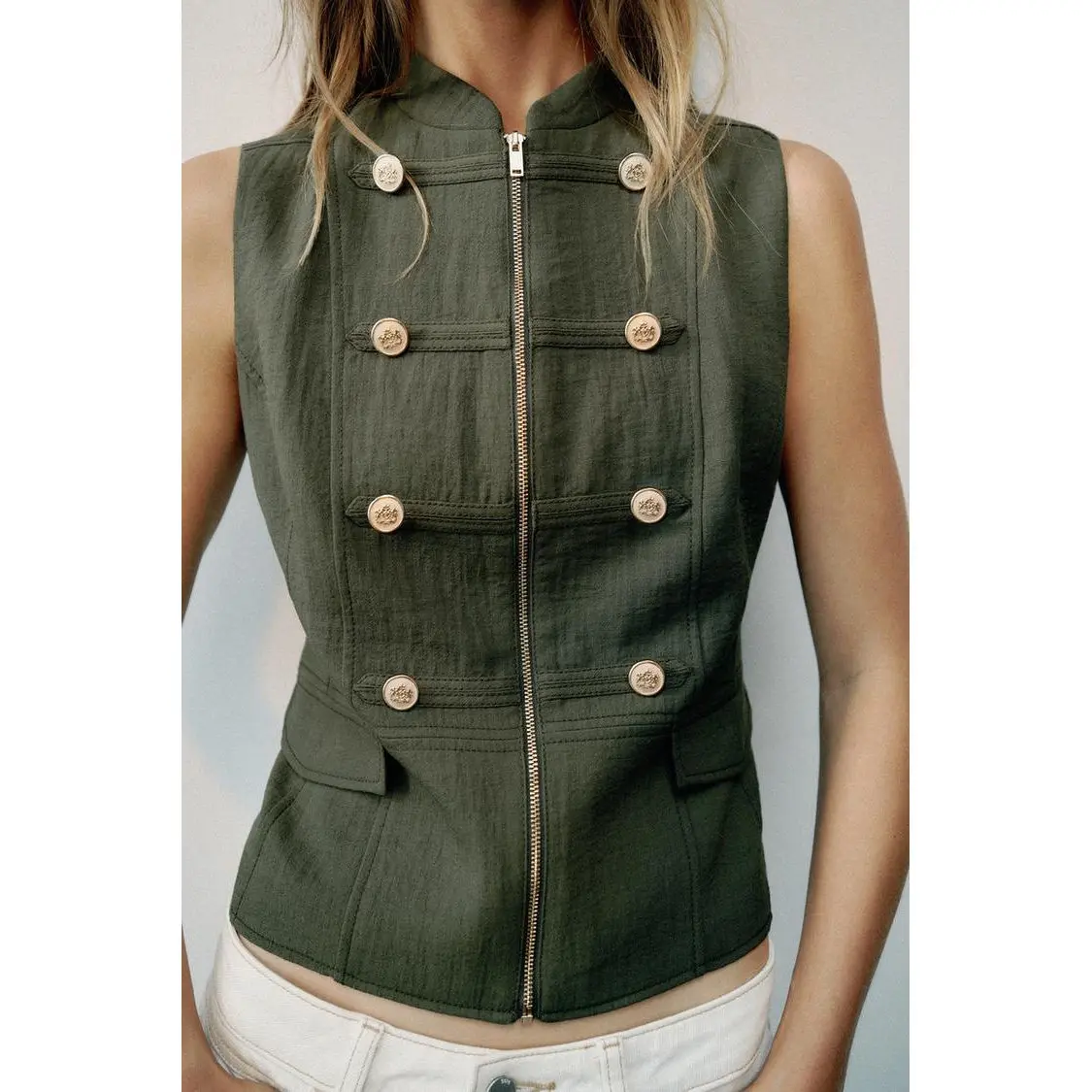 Fashionable Versatile Chain Knot Buckle Vest New Arrival Women'swear Breathable Short Sleeve Zipper Closure Skin-friendly Pol...