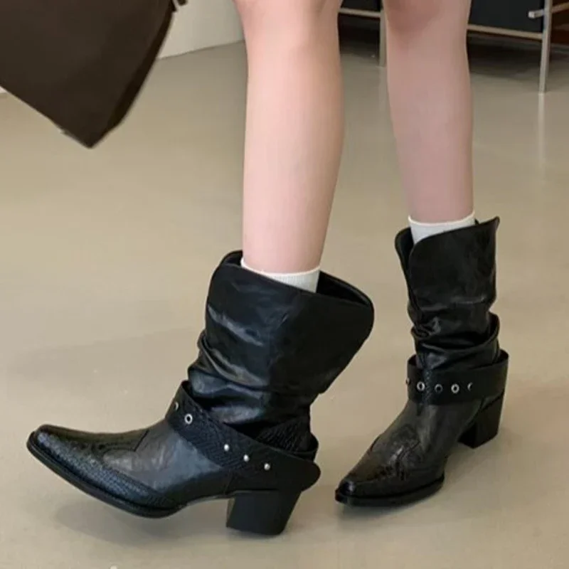Aneikeh Punk Motorcycle Style Splicing Snake Pattern Low Heels Ankle Boots Woman Pointed Toe Shoes Fashion Belt Buckle Booties