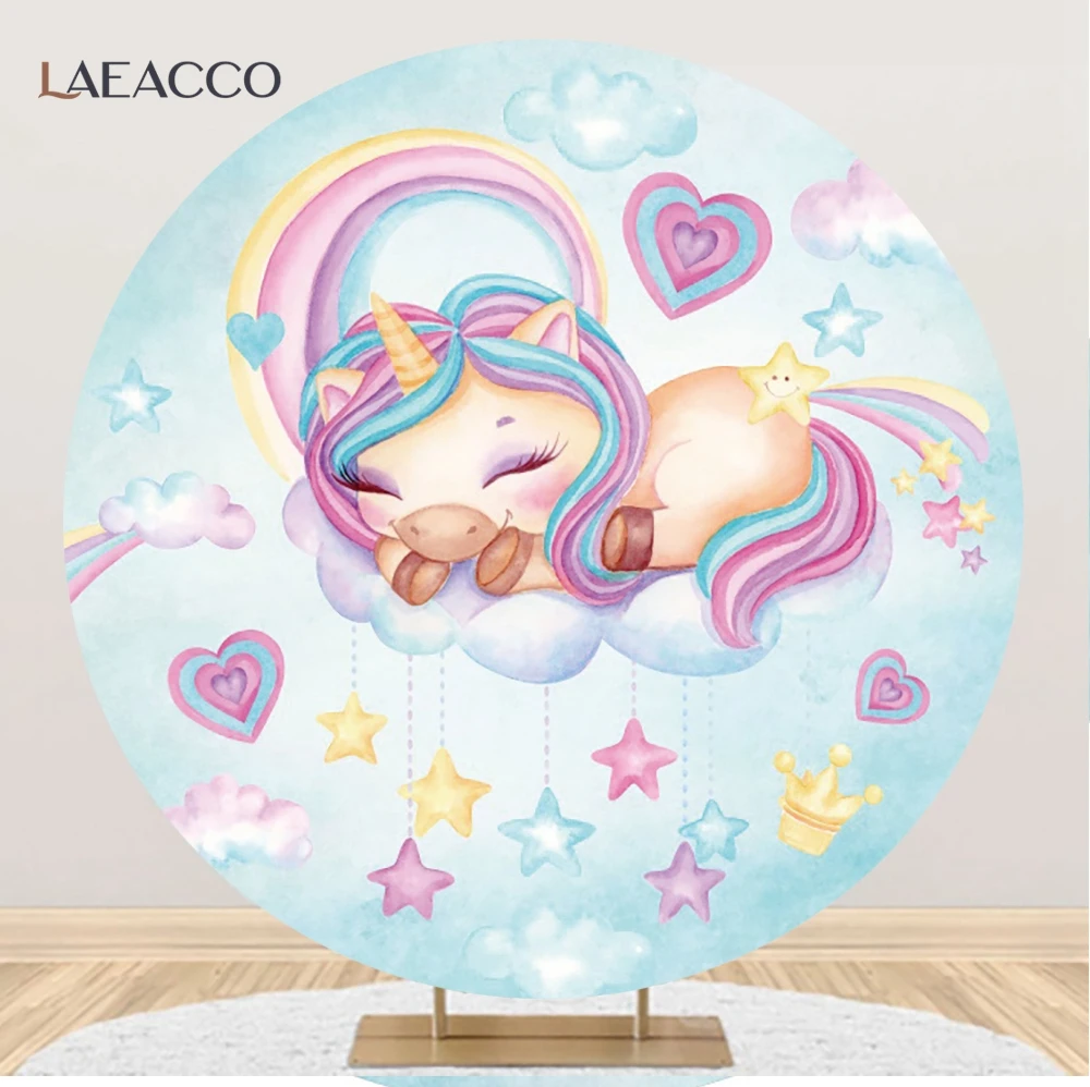 Laeacco Cartoon Unicorn Round Backdrops Rainbow Flowers Baby Shower Birthday Party Decor Photographic Prop Circle Backgrounds