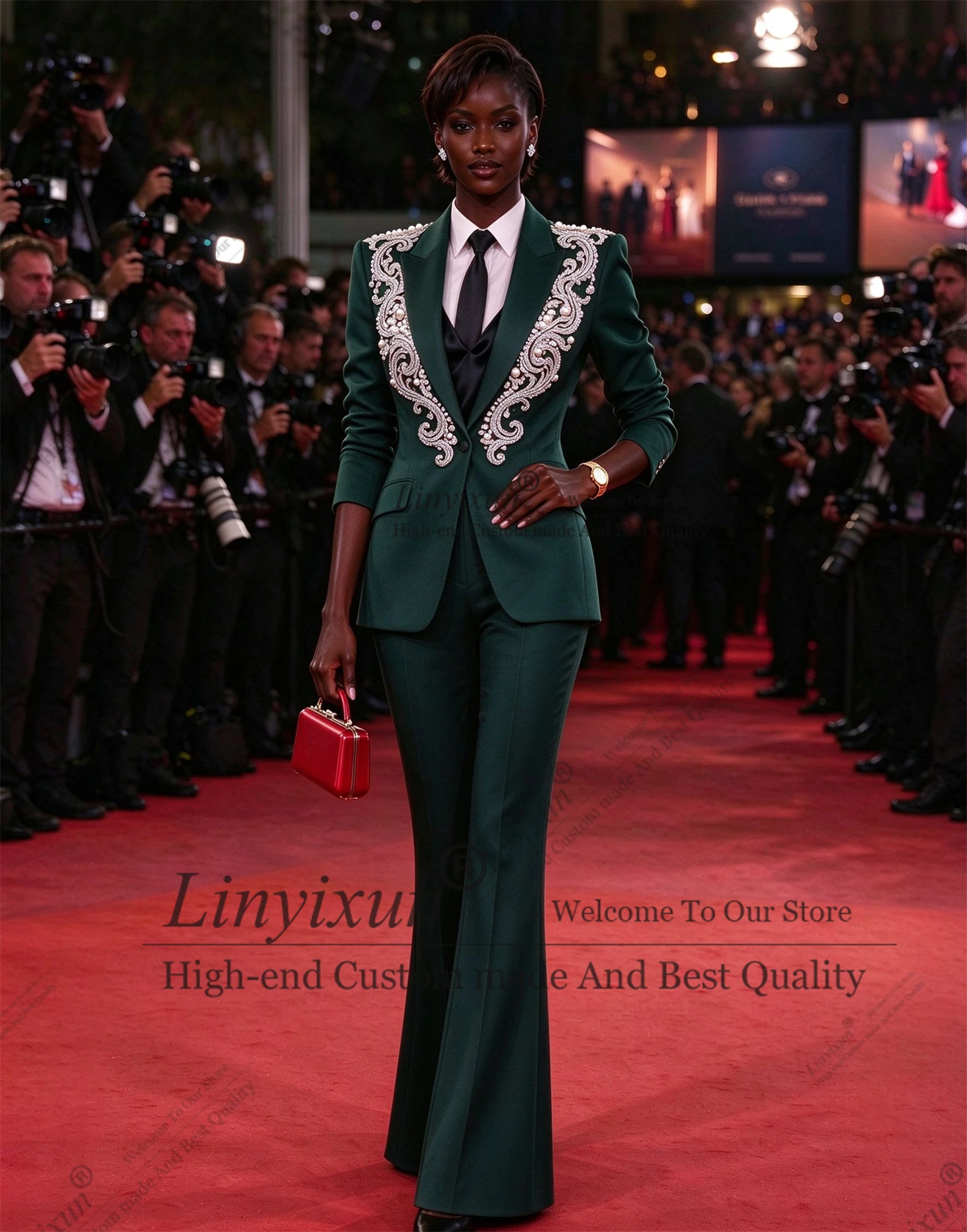 Crystal Pearl Women Suits Sets 2 Piece Fashion Customized Peaked Lapel Outfits Shiny Casual Chic Female Suit blazer feminin