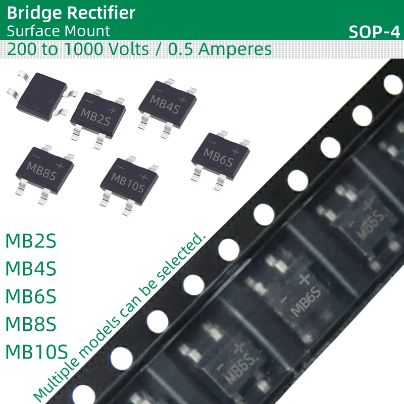 50pcs/lot Bridge Rectifier SOP-4 package MB2S MB4S MB6S MB8S MB10S 200 to 1000 Volts 0.5 Amperes