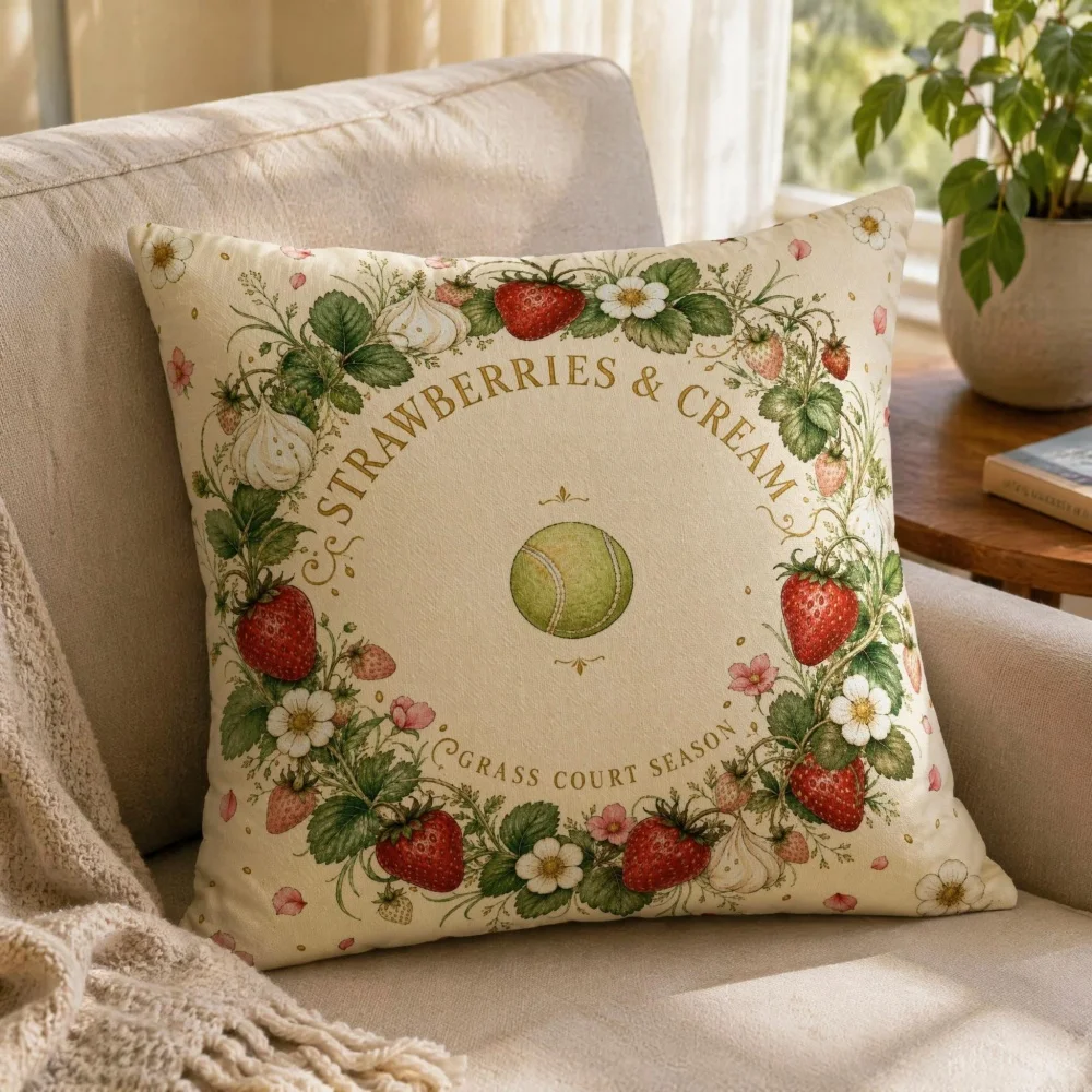 Vintage Strawberry Floral Wreath Tennis Print Full Throw Pillow With Insert Square Cottagecore Garden Sofa Accent Cushion Gift