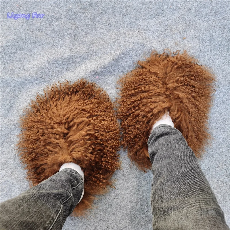 

Spring Winter Women Fashion Mongolian Curly Hair Sheep Fur Slides Custom Color Fuzzy Fur Slippers