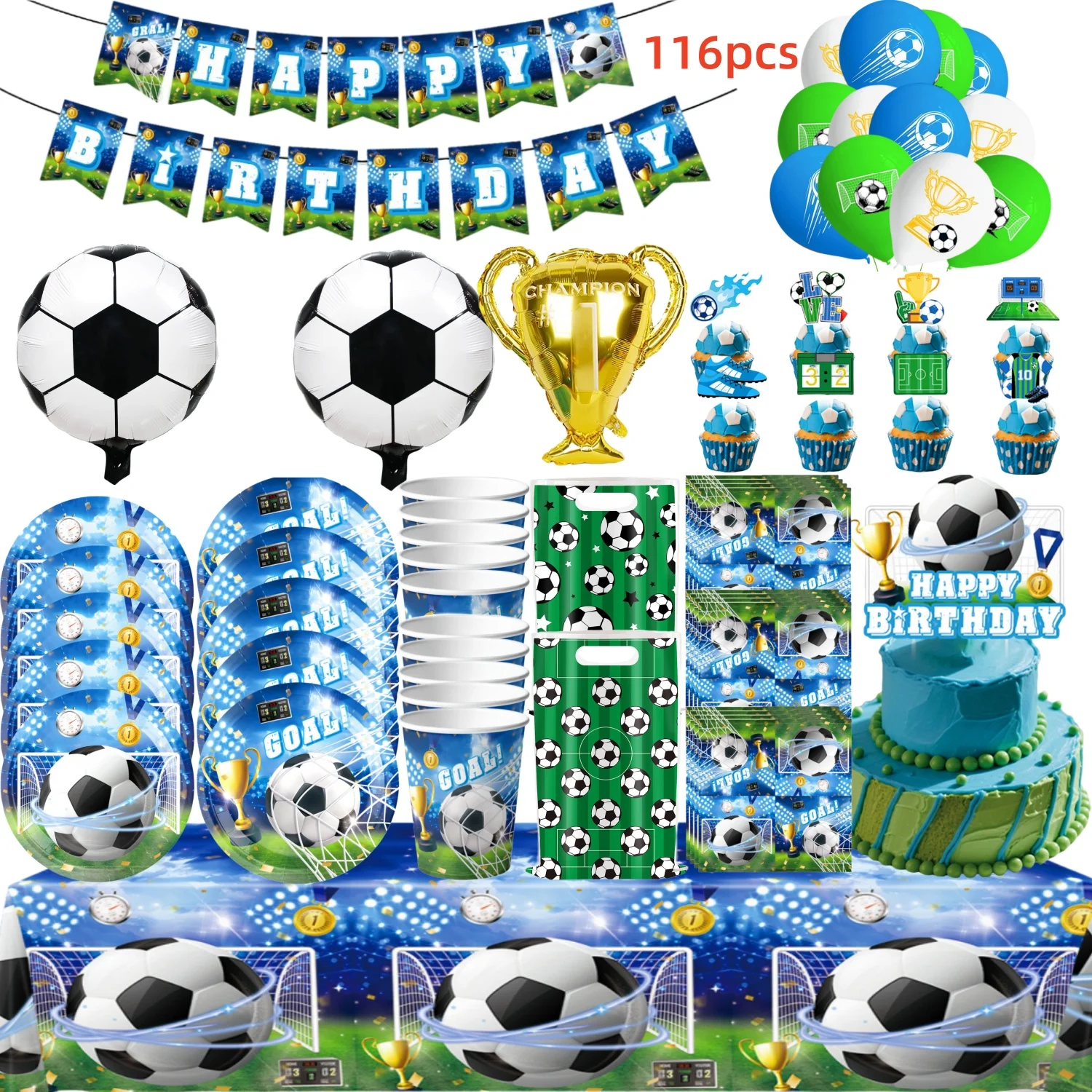 Ensemble d'anniversaire de football, ballons de football, décoration d'anniversaire, plats en papier, nappe, tasse, assiettes, sacs, cadeaux de fête prénatale, football