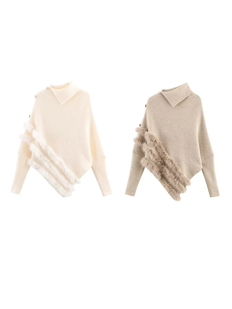

European and American style autumn new women's clothing fashionable bevel plush decoration irregular pullover sweater