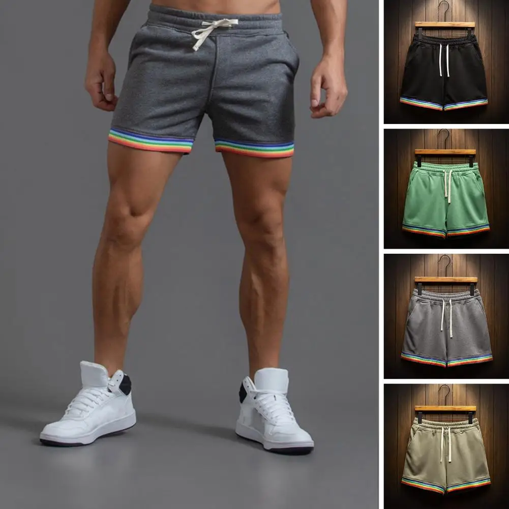 Pantalones cortos deportivos de tiro medio para hombre, pantalones cortos deportivos con cintura elástica, bolsillos con cordón, puños de arcoíris, pantalones cortos de baloncesto, pantalones de chándal para correr y Fitness