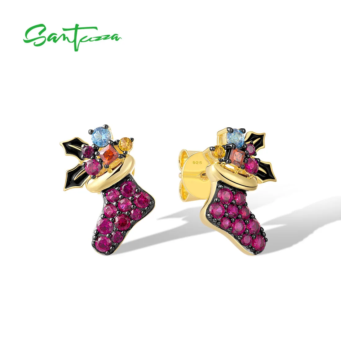 

SANTUZZA Real 925 Sterling Silver Earrings For Women Sparkling Created Ruby Lovely Christmas Stockings Gifts Enamel Fine Jewelry