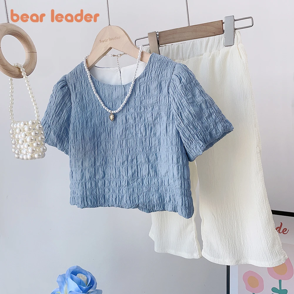 Bear Leader Girls Suit Summer 2023 New Korean Version of The Short-sleeved Bubble Sleeve Shirt + Wide-legged Pants Girls Suit