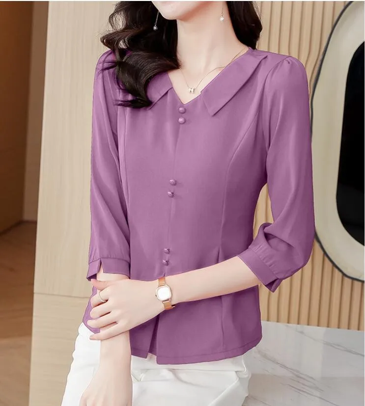 5 Colors Hot Women 2023 Elegant Office Lady Casual Solid Basic Button Shirts Purple Red Peplum Peter Pan Collar Tops Blouses