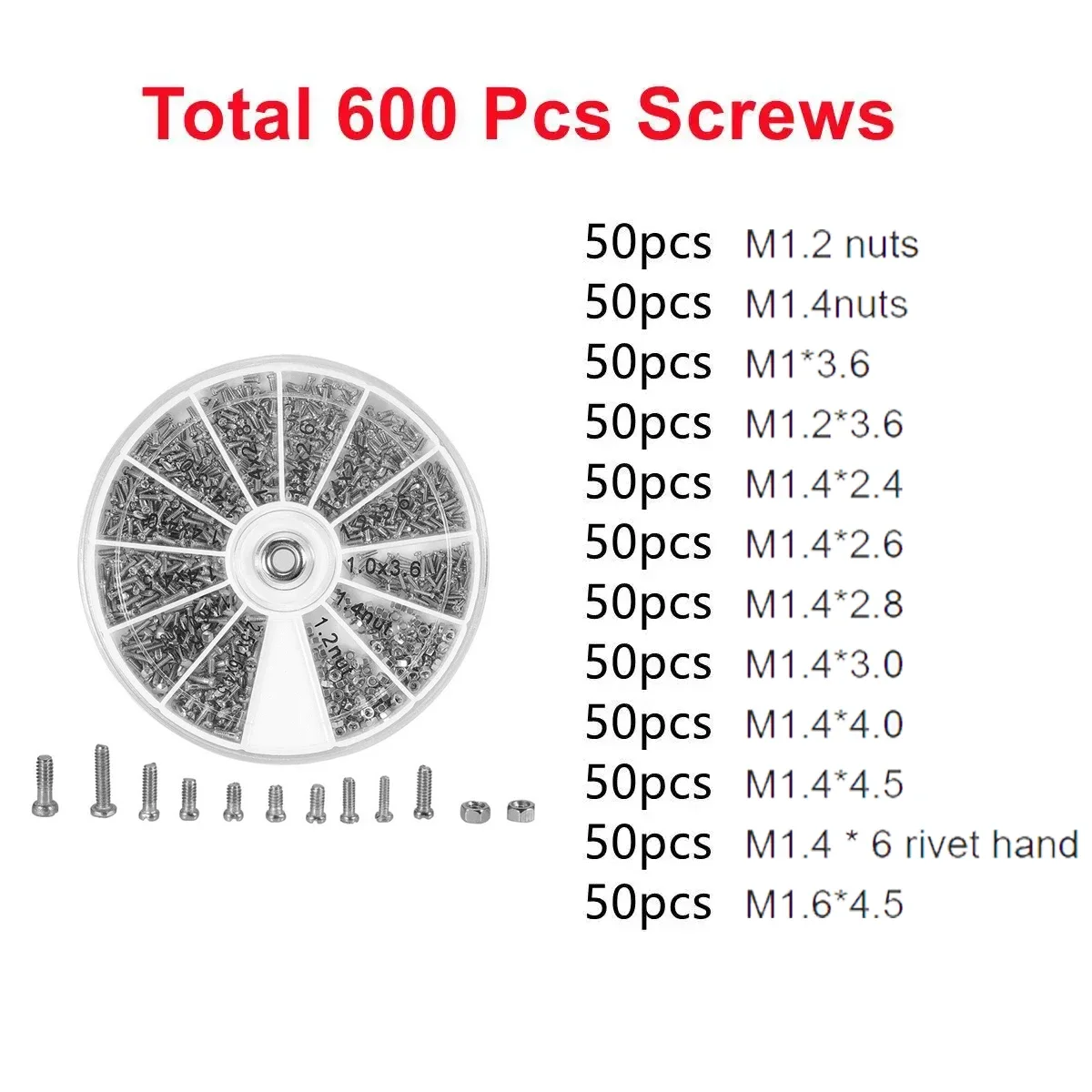 600 Pcs EyeGlasses Sunglass Repairing Tool Screws Nuts M1 M1.2 M1.4 M1.6 for Watches Glasswear Phone Tornillos