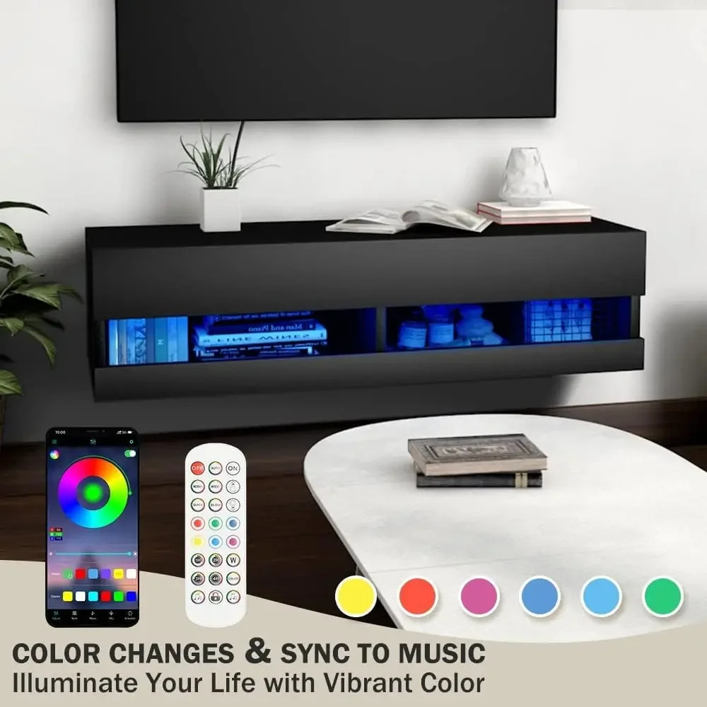 Floating TV Shelf Wall Mounted TV Stand, Floating Entertainment Center Under TV Shelf Floating Media Console with Storage Black image 4