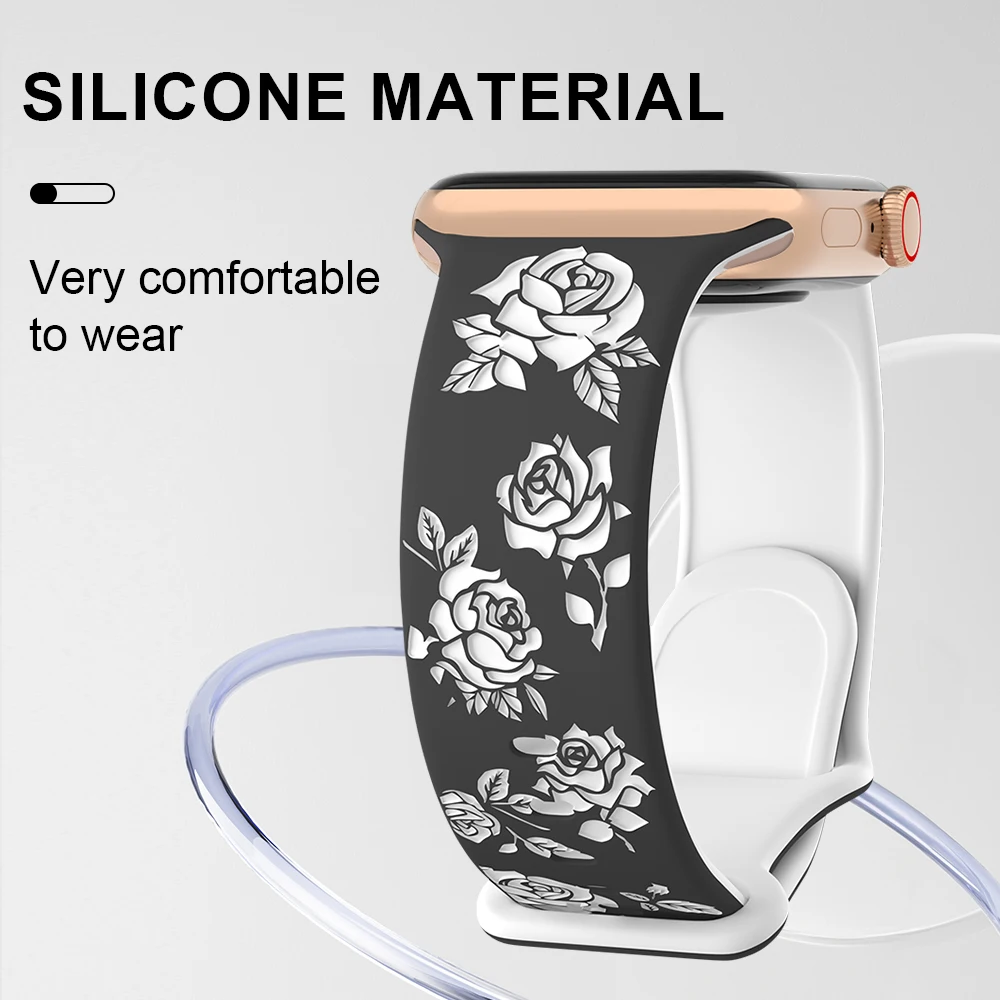 Silicone Strap For Apple Watch Band Ultra 49mm 46mm 42mm 45mm 44mm 41mm Rose Carving Sports Bracelets for iWatch 10 9 8 7 6 5 SE - view 3