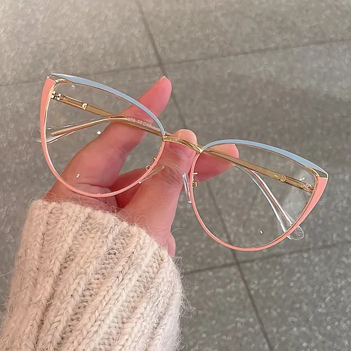 Espejo plano de ojo de gato de Metal, gafas de protección contra luz azul con pierna de primavera para mujer, montura de gafas con bola con apertura pintada de moda y moderna