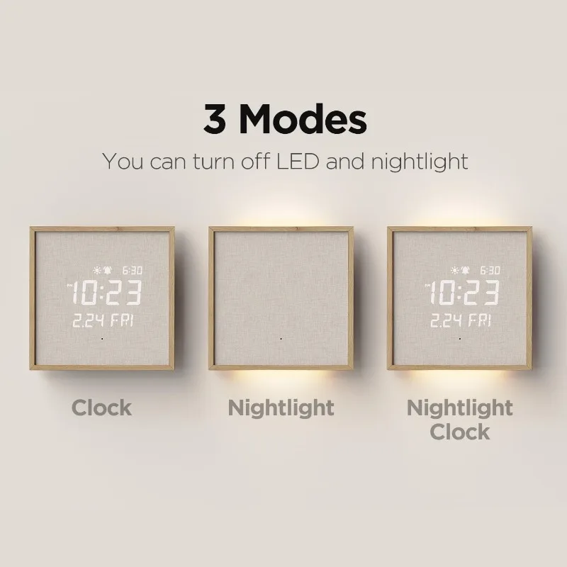 Relógio de parede silencioso com moldura de madeira LED com controle remoto, luz noturna retroiluminada, relógio de parede LED digital moderno com display de alarme de nascer do sol
