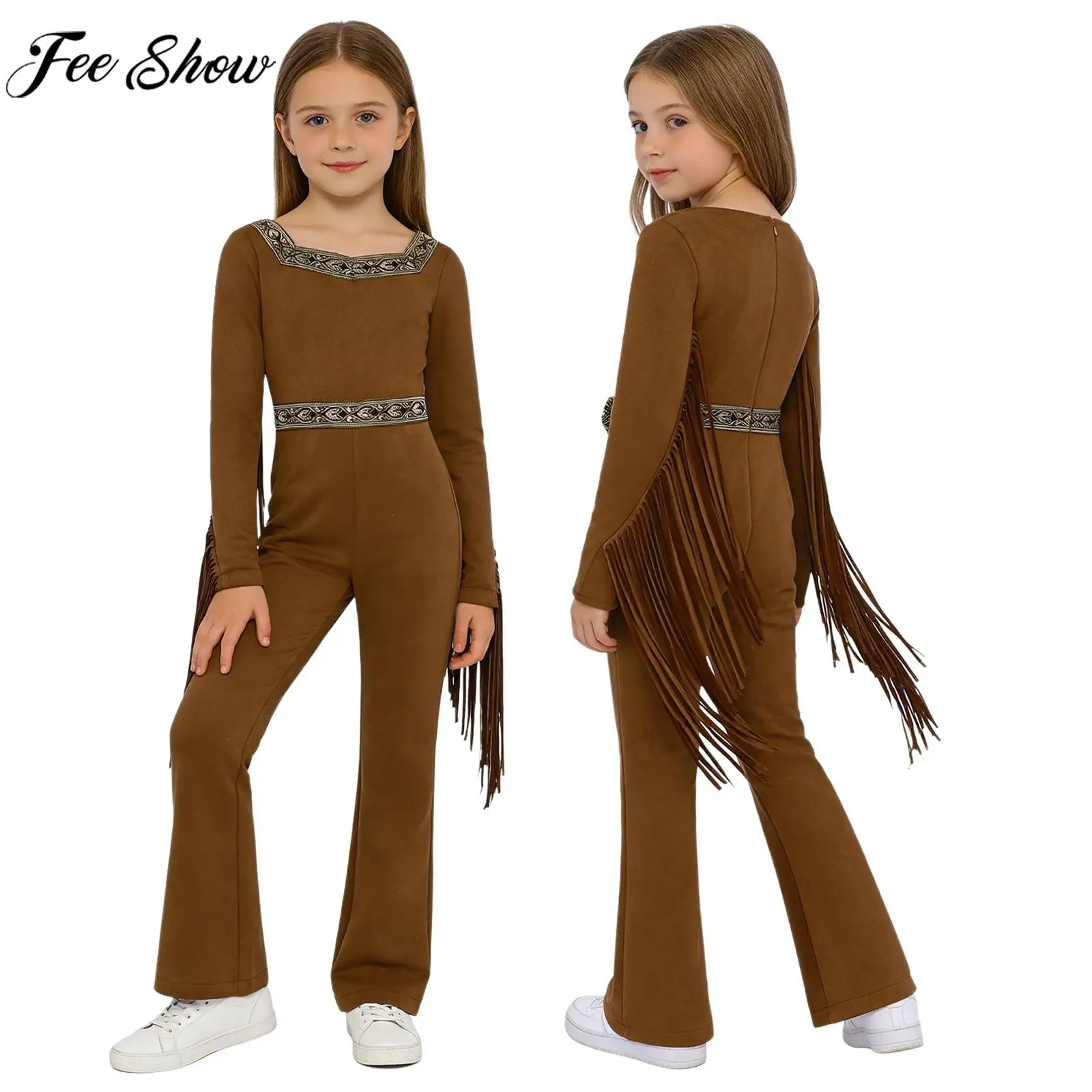 Disfraz de Halloween nativo americano para niñas, disfraz de princesa de doncella india, mono Vintage de manga larga con borlas
